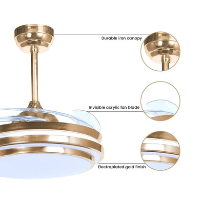 Celestia Breeze Golden LED Fan – Retractable Blades & Dimmable Light