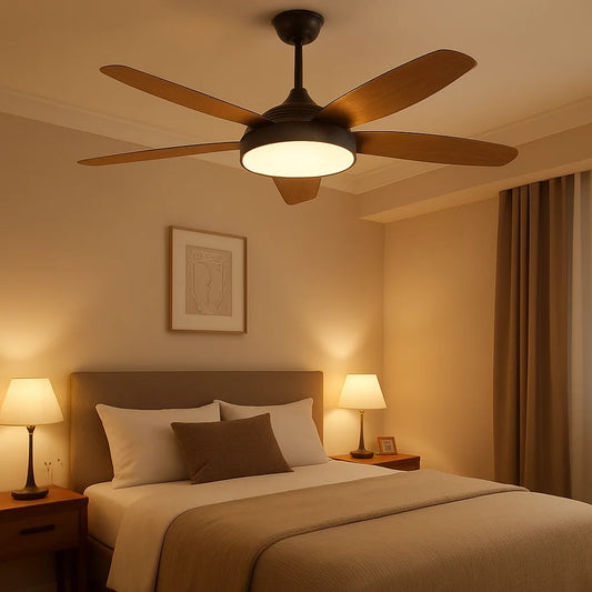 B&B Modern Wooden Blade Ceiling Fan with LED Light – 5 Blades, Remote Control