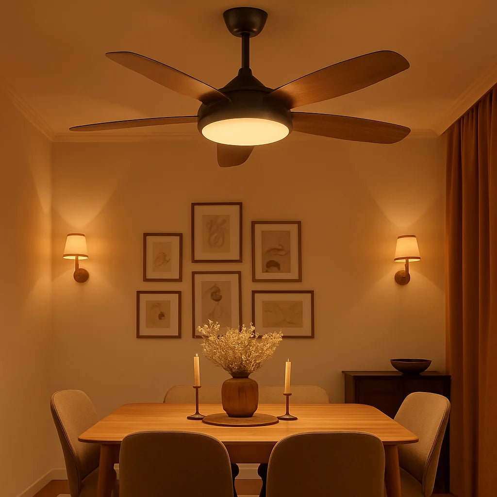 B&B Modern Wooden Blade Ceiling Fan with LED Light – 5 Blades, Remote Control