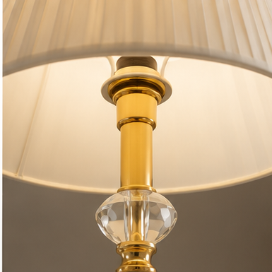 Crystal Globe Floor Lamp – Stacked Faceted Crystal with Antique Brass Pole & Pleated Linen Shade
