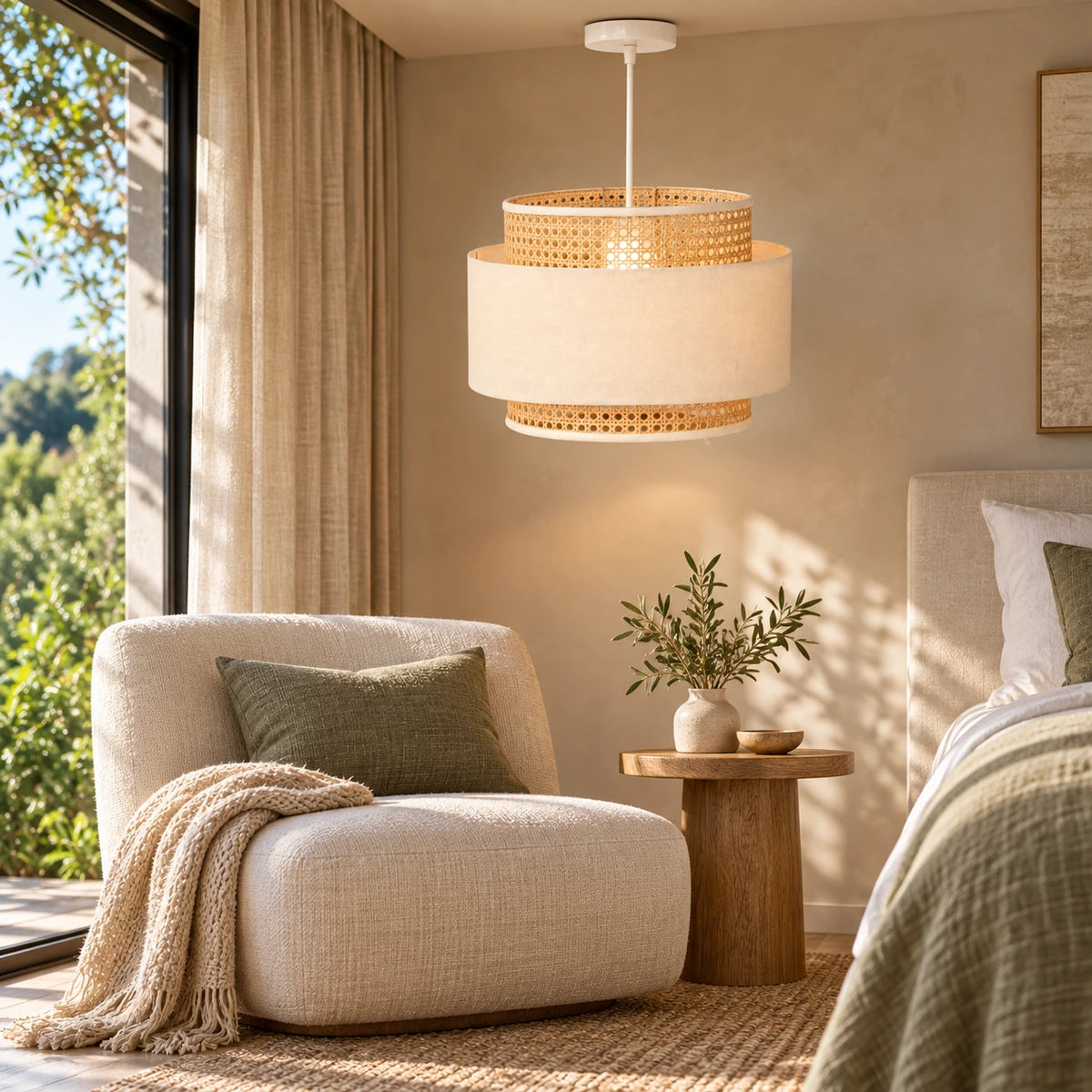 Layered cane and fabric pendant light in a bedroom reading corner