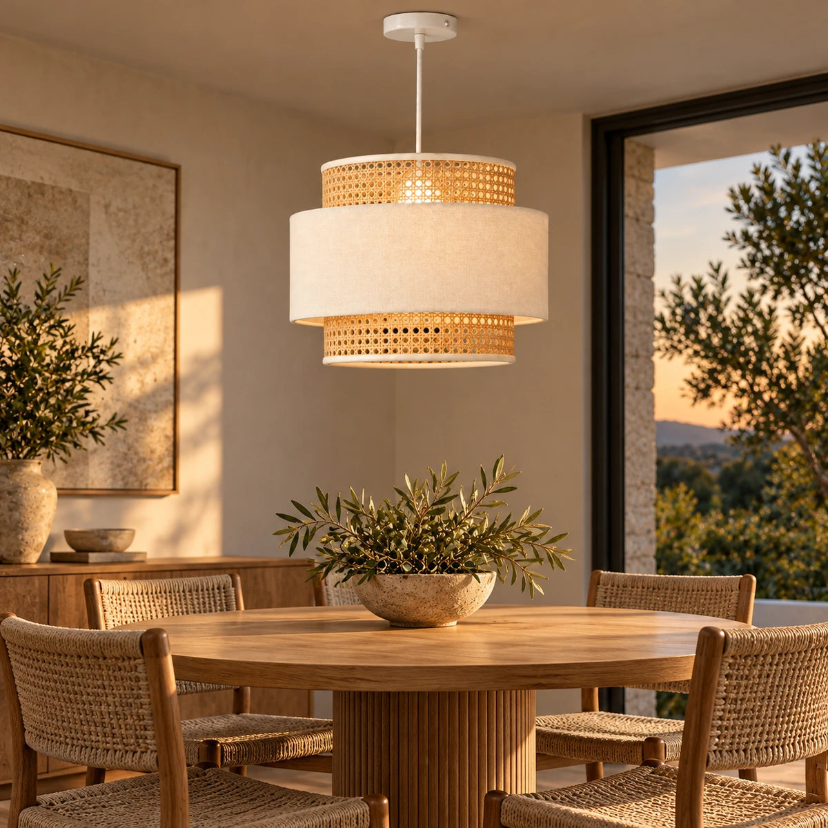 Layered cane and fabric pendant light over a dining table