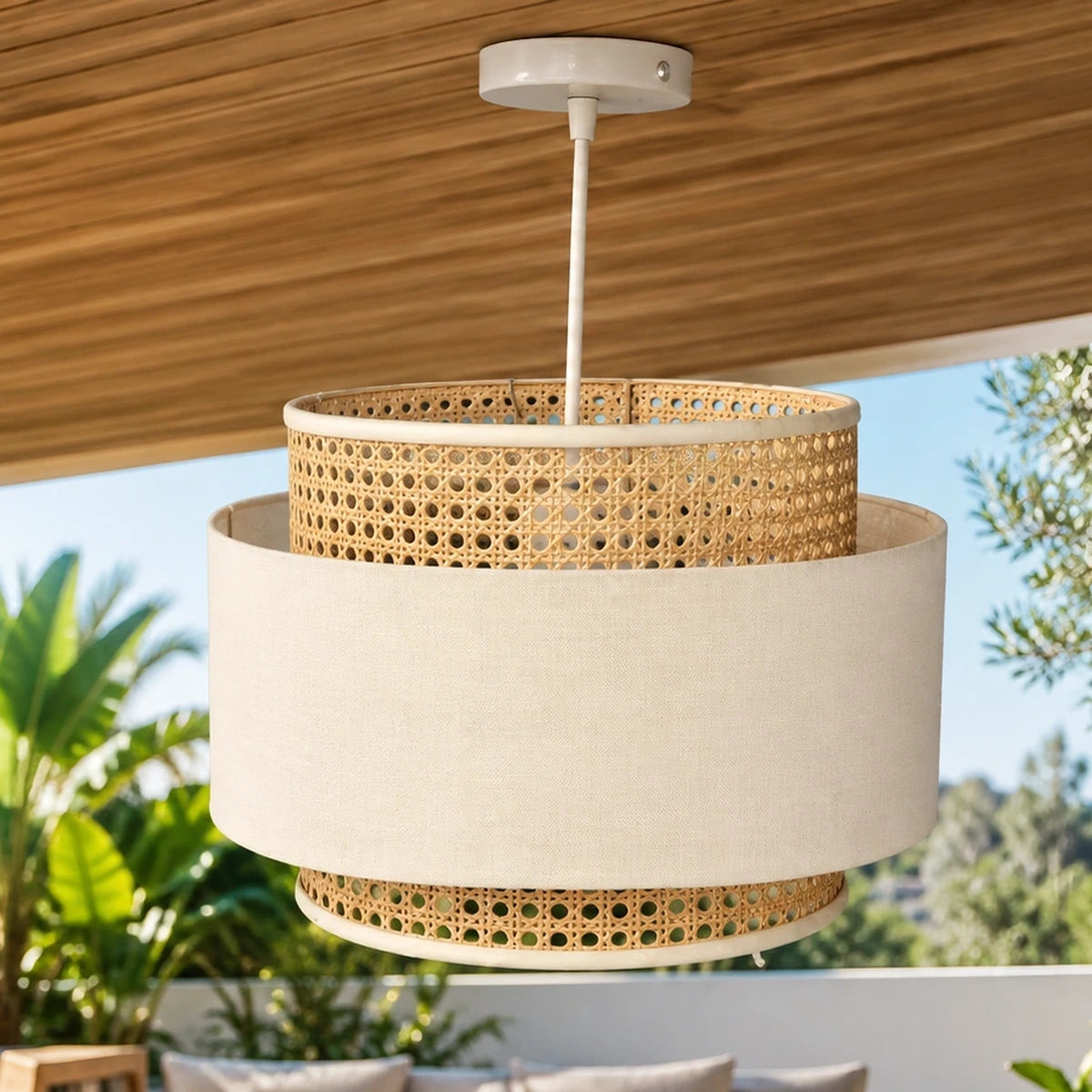 Layered cane and off-white fabric pendant light