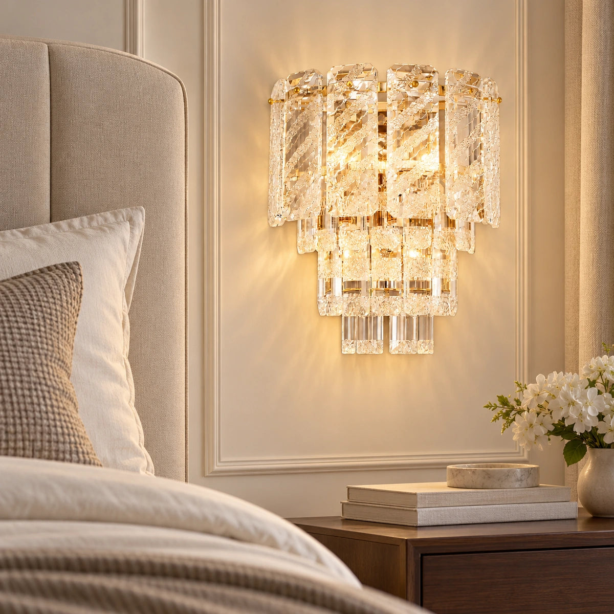Layered crystal and gold wall light beside a bed