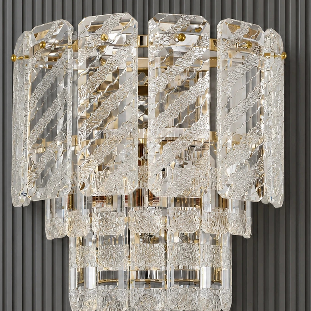 Close-up of textured crystal panels and gold framework