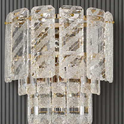 Close-up of textured crystal panels and gold framework