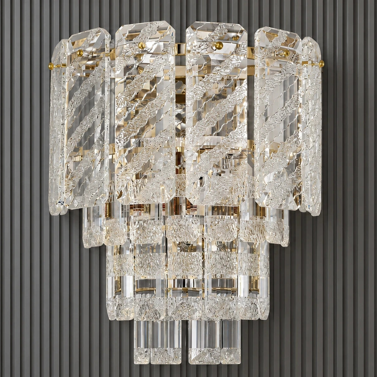 Layered clear crystal and gold wall light, unlit