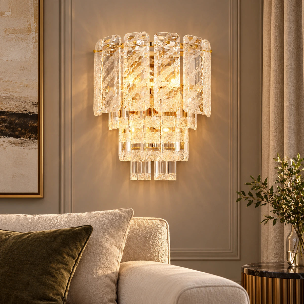 Layered crystal and gold wall light in a living room