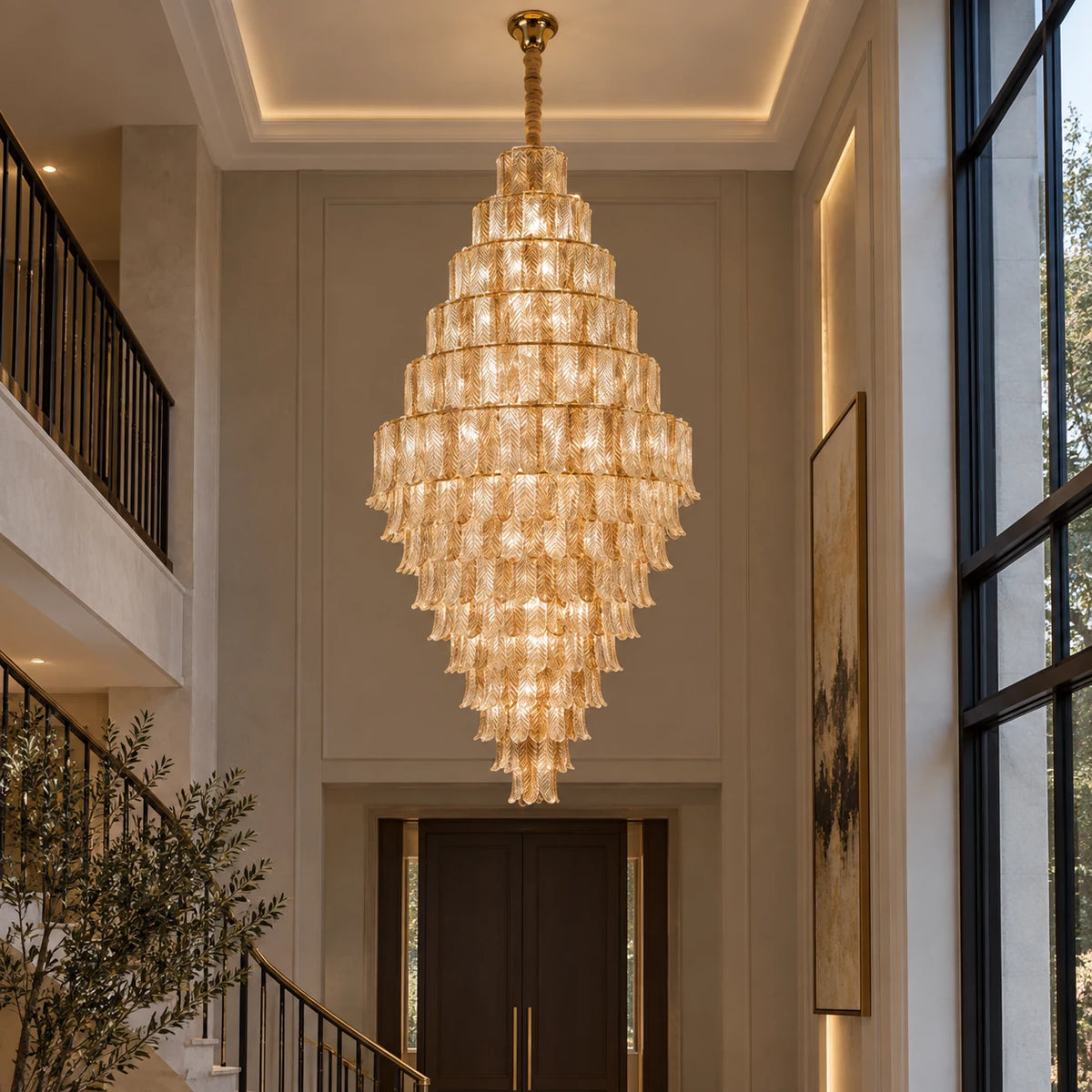 Tiered ribbed glass cascade chandelier in an entrance atrium