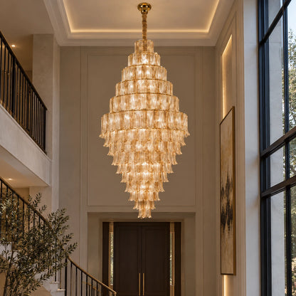 Tiered ribbed glass cascade chandelier in an entrance atrium