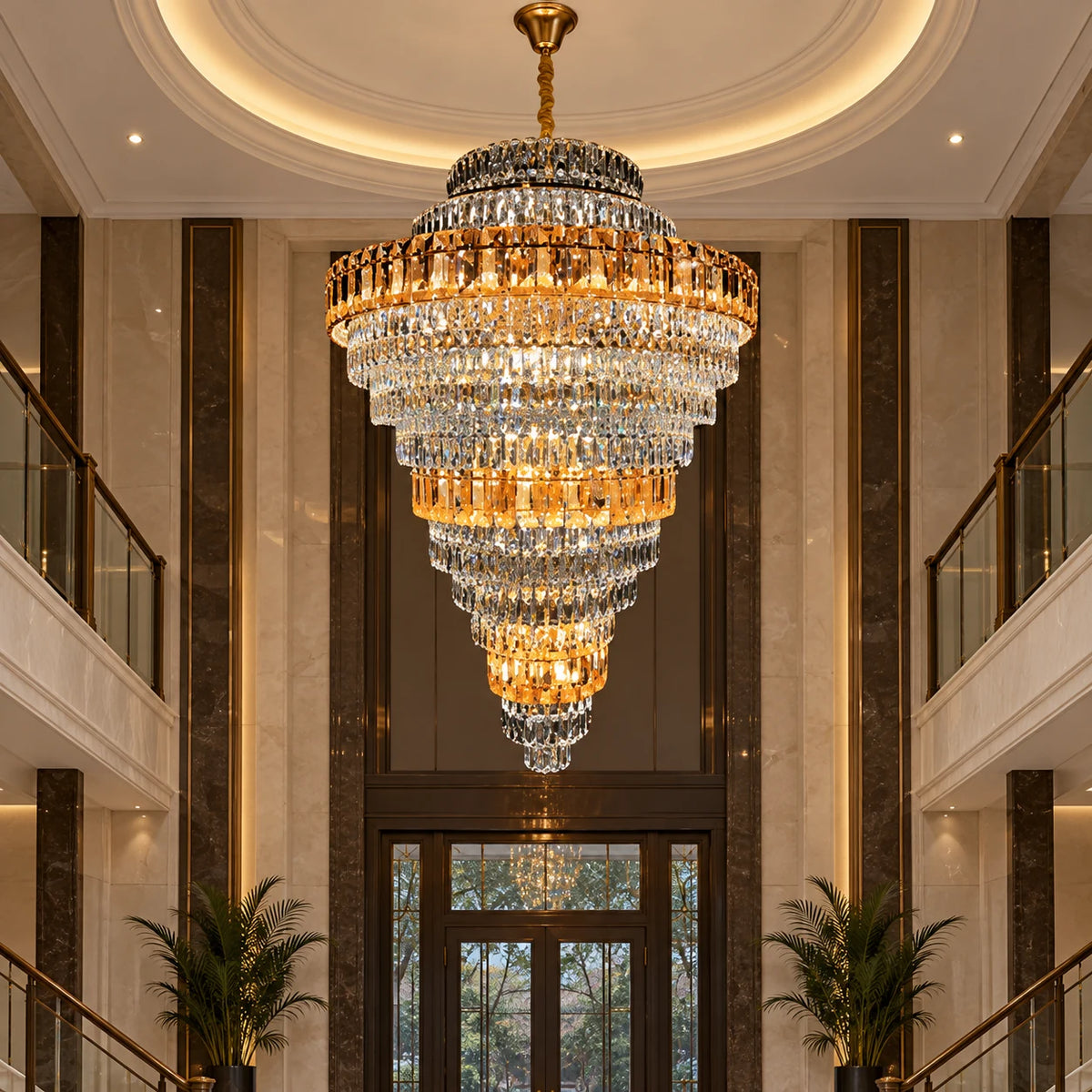 Tiered amber crystal chandelier in an entrance atrium
