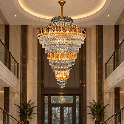 Tiered amber crystal chandelier in an entrance atrium