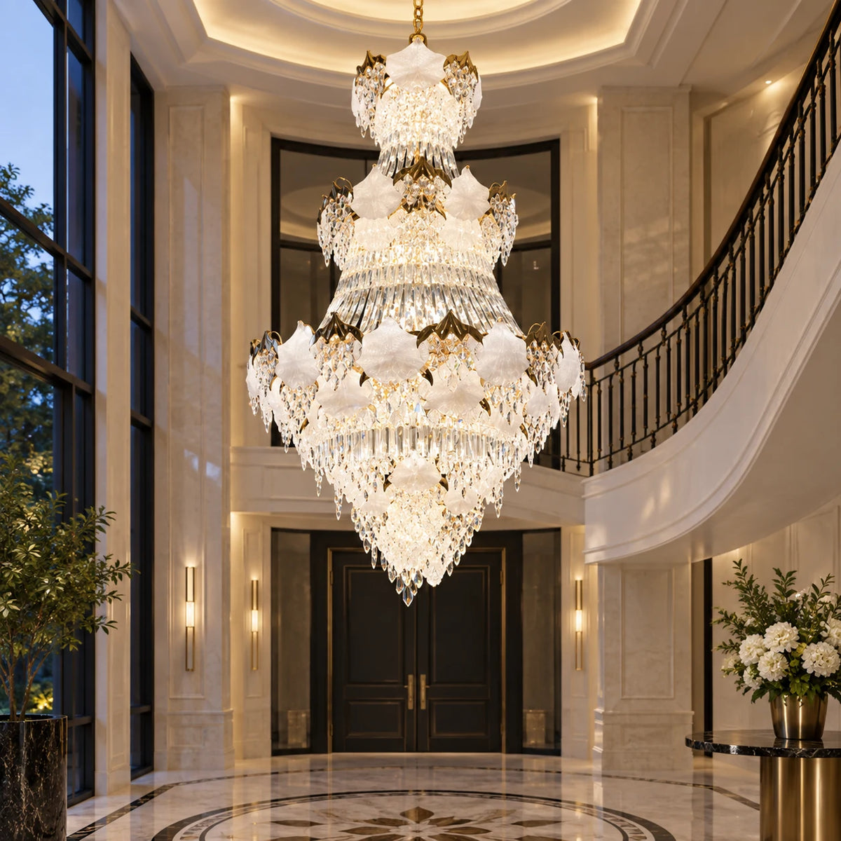 Tiered white crystal leaf chandelier in an entrance atrium
