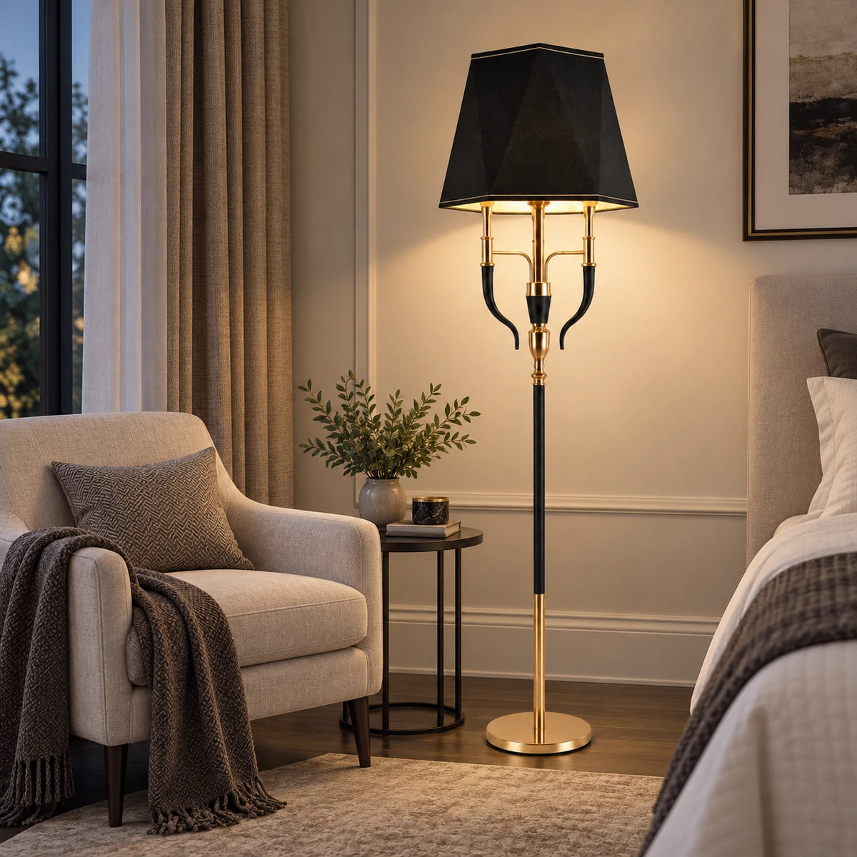 Three-arm shaded floor lamp in a bedroom reading corner