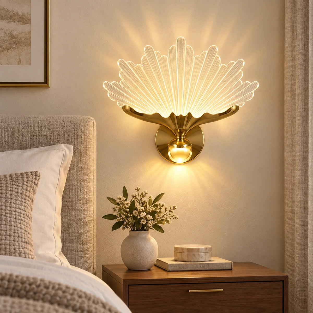 Radiant fan illuminated wall art beside a bed