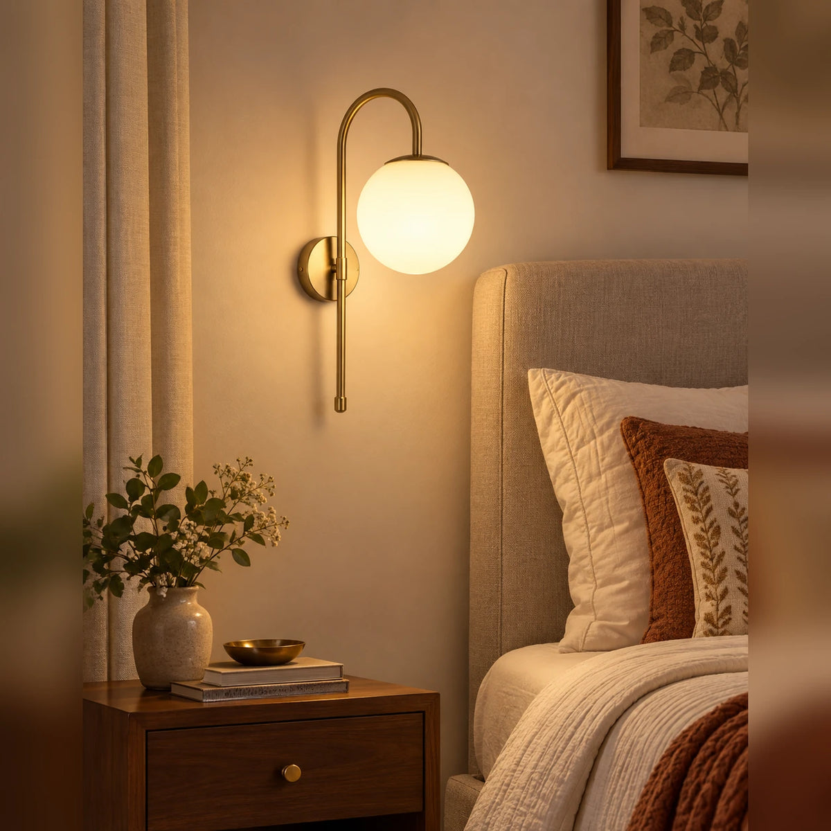 Arched globe wall light beside a bed