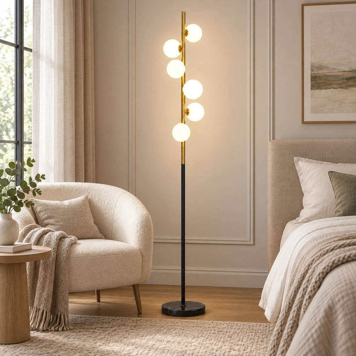 Milky globe column floor lamp in a refined bedroom