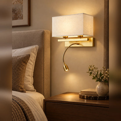Fabric-shade wall light with flexible reading light beside a bed