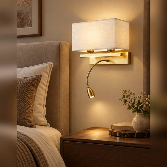 Fabric-shade wall light with flexible reading light beside a bed