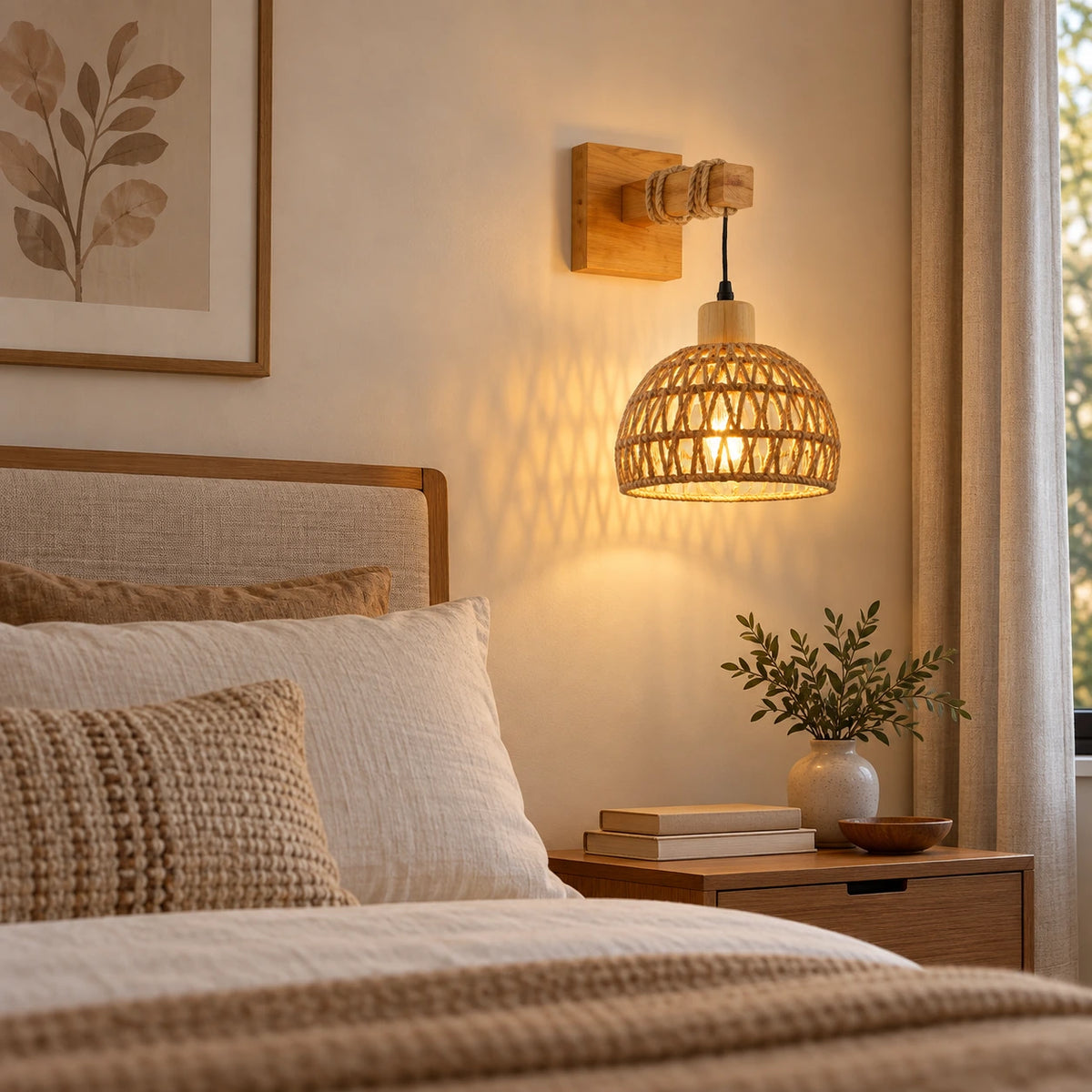 Woven dome shade wall sconce beside a bed