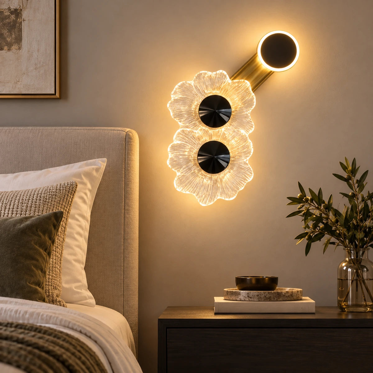 Floral halo illuminated wall art beside a bed