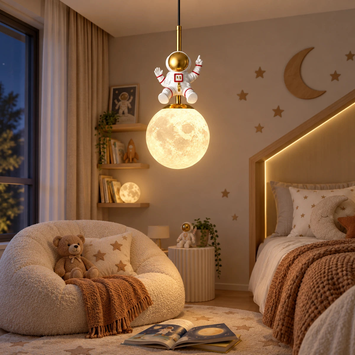 Astronaut globe pendant in a children's bedroom reading nook