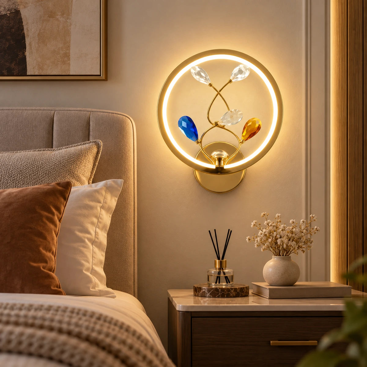Botanical ring illuminated wall art beside a bed