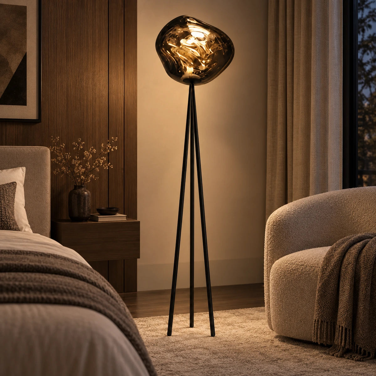 Smoke globe tripod floor lamp in a bedroom reading corner