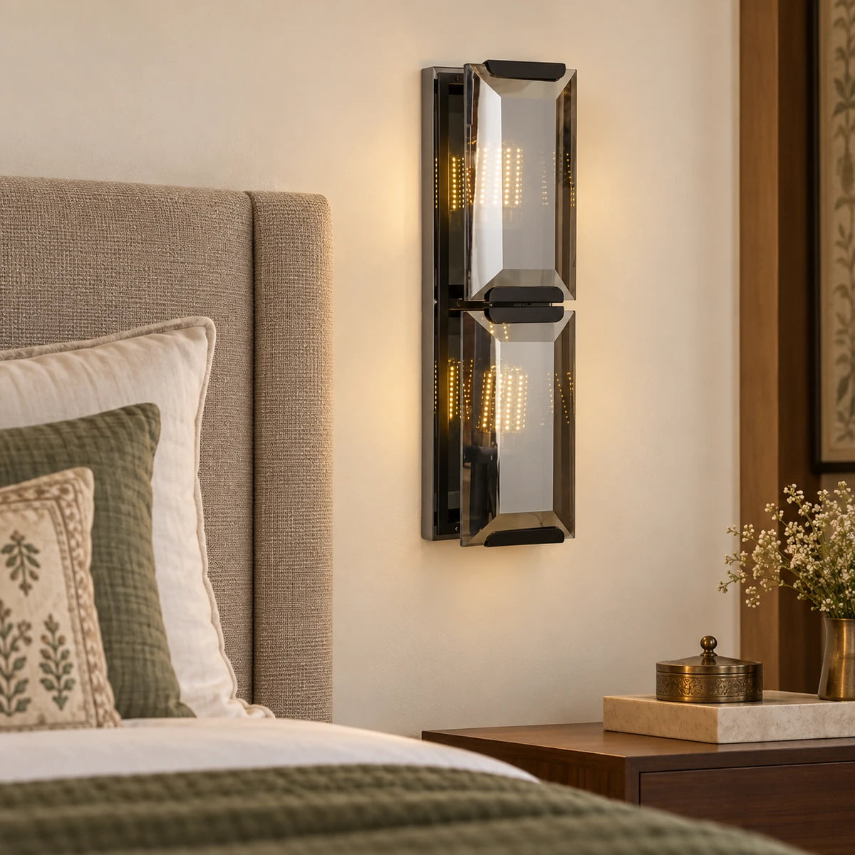 Twin-tier rectangular wall sconce beside an upholstered bedroom headboard
