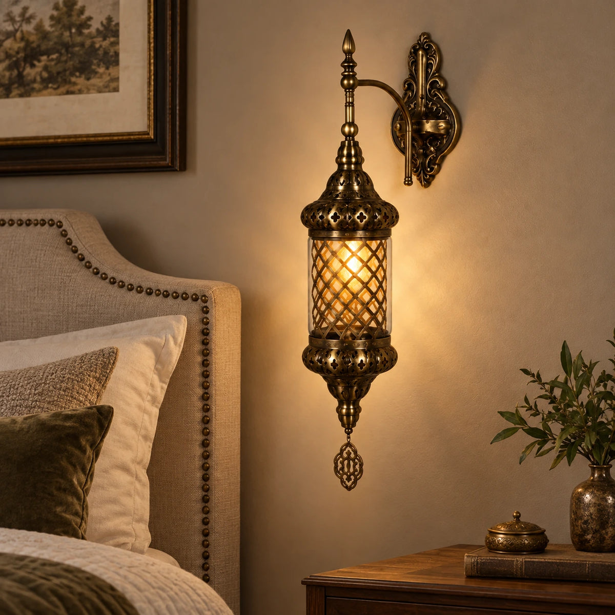Antique mesh-globe wall sconce beside a bedroom