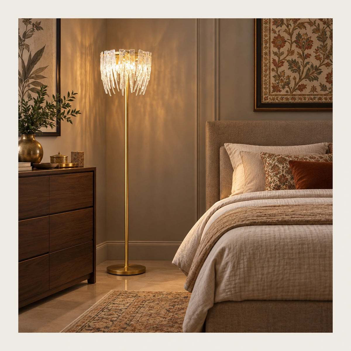 Ribbed-glass fringe floor lamp in a warm bedroom setting