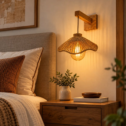 Woven bell shade wall sconce beside a bed