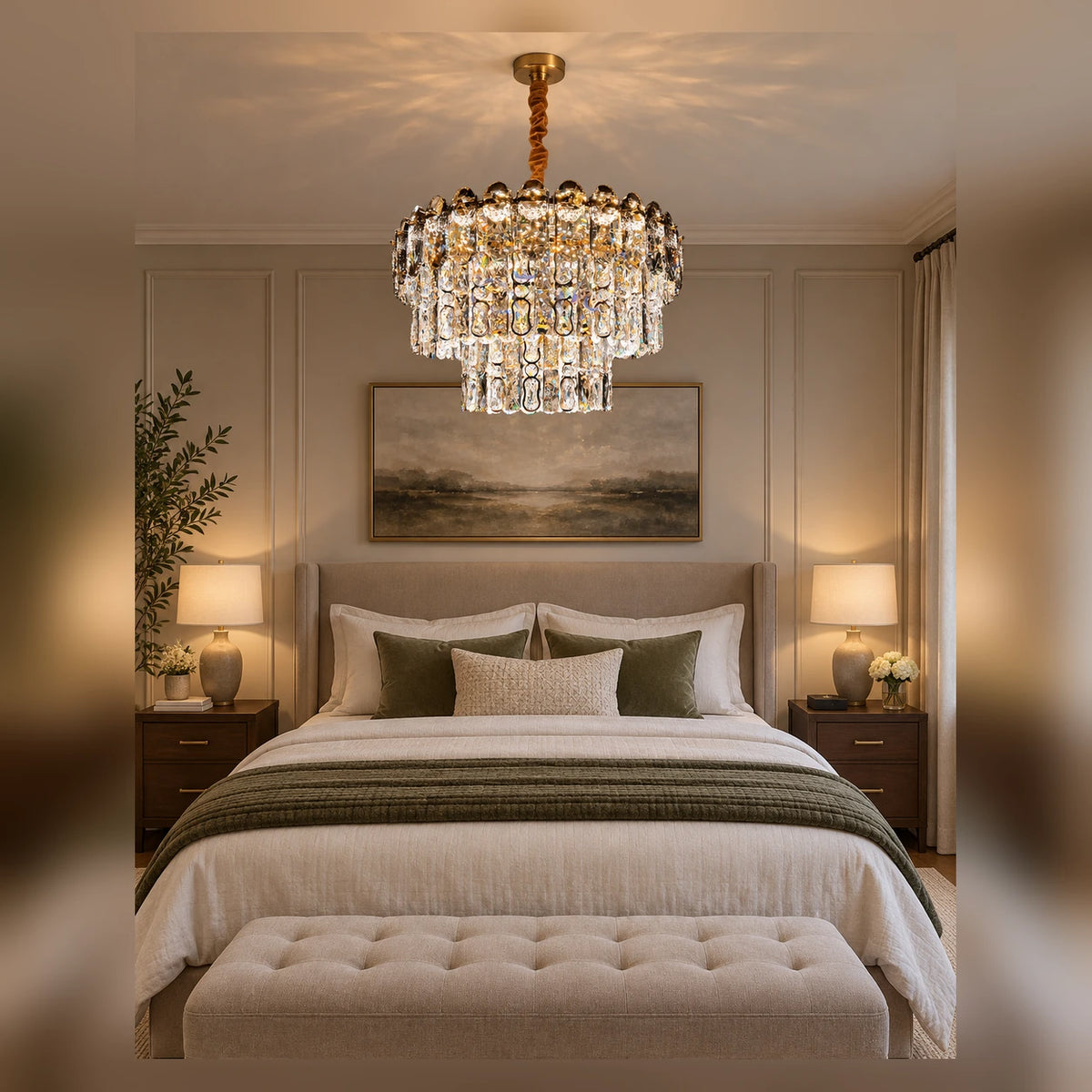 Two-tier crystal drop chandelier in a bedroom