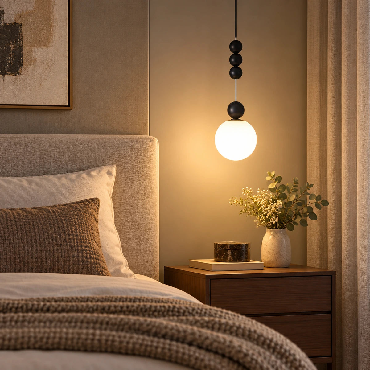 Black bead globe pendant used as a warm bedside light