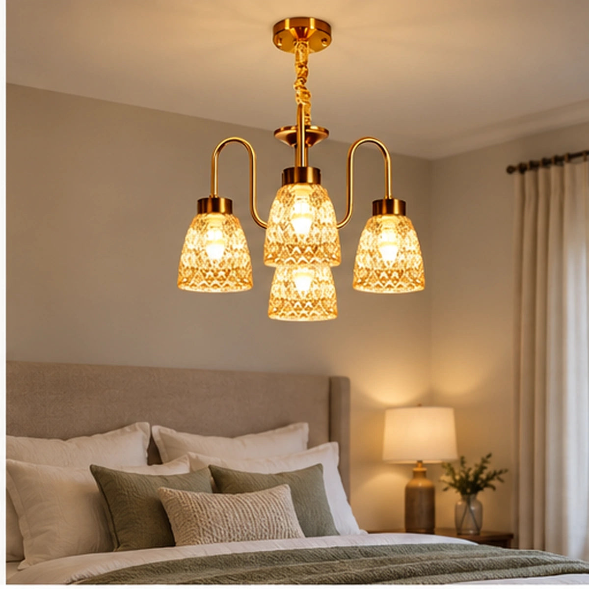 Four-light amber chandelier in a bedroom