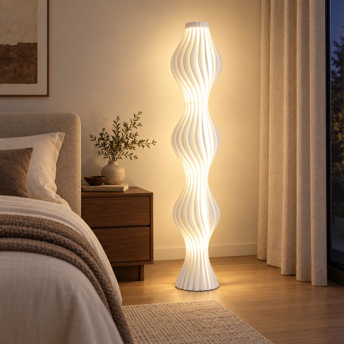 Three-wave floor lamp in a bedroom corner