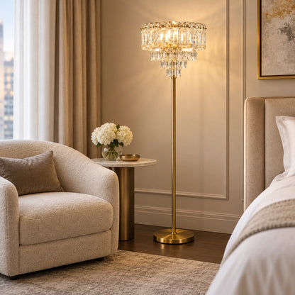 Faceted-accent floor lamp in a bedroom setting