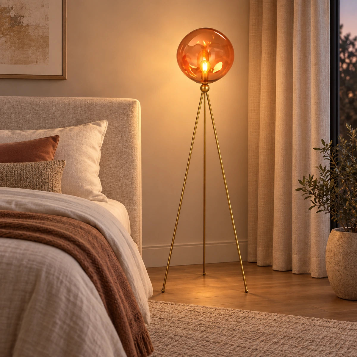Amber-globe tripod floor lamp in a bedroom corner