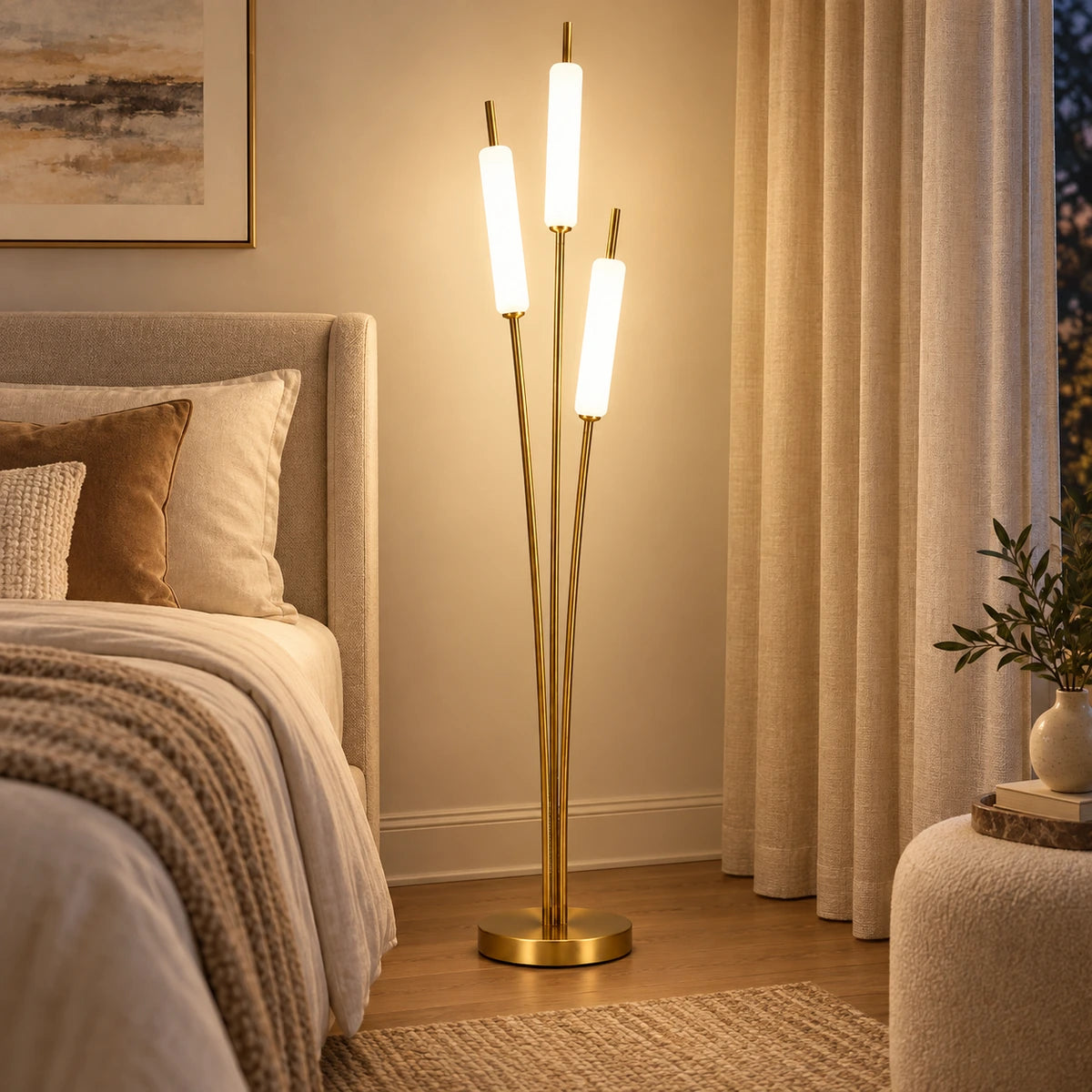 Three-tube floor lamp in a bedroom setting