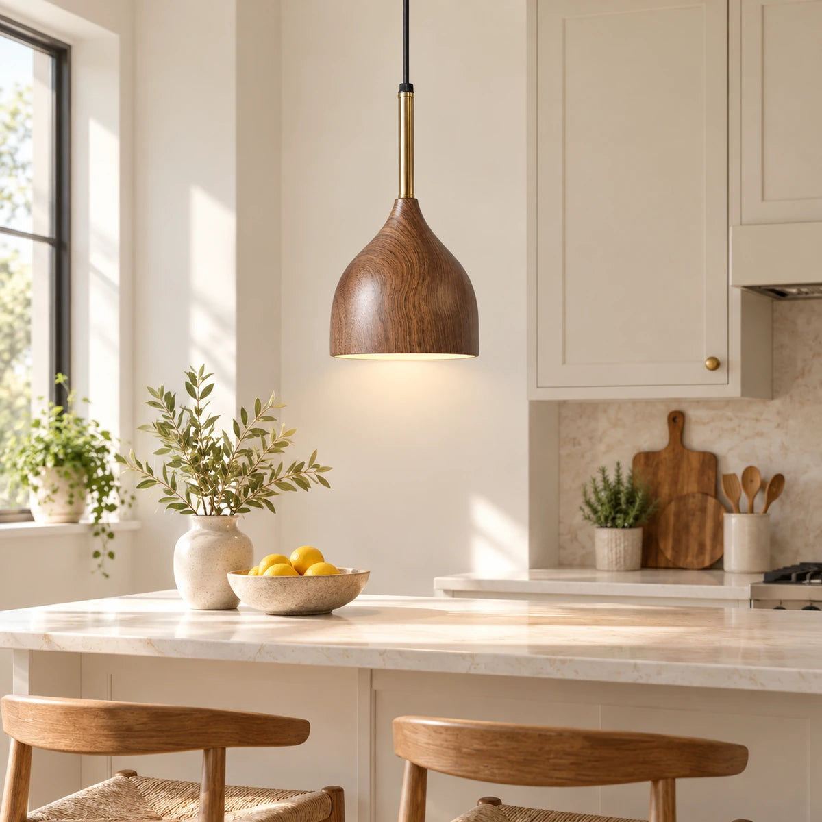 Wood-grain teardrop pendant above a breakfast counter