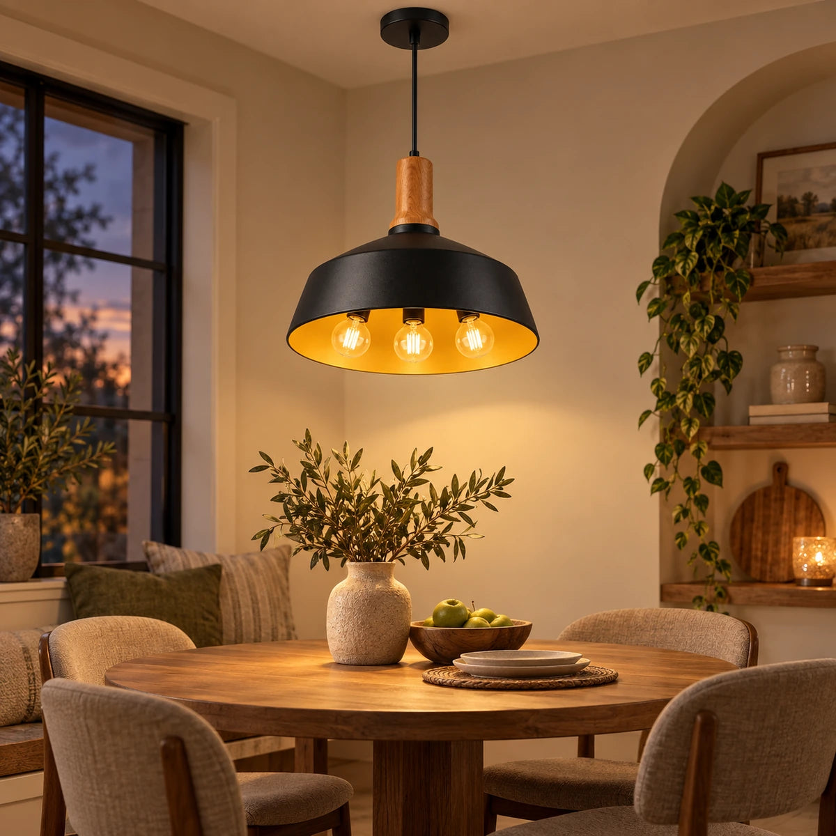 Black dome three-light pendant above a breakfast table
