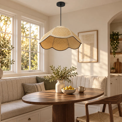 Off-white woven dome pendant above a breakfast nook