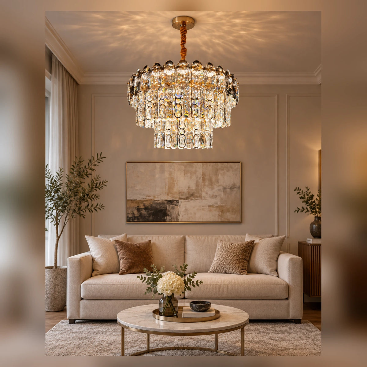 Two-tier crystal drop chandelier in a compact living room