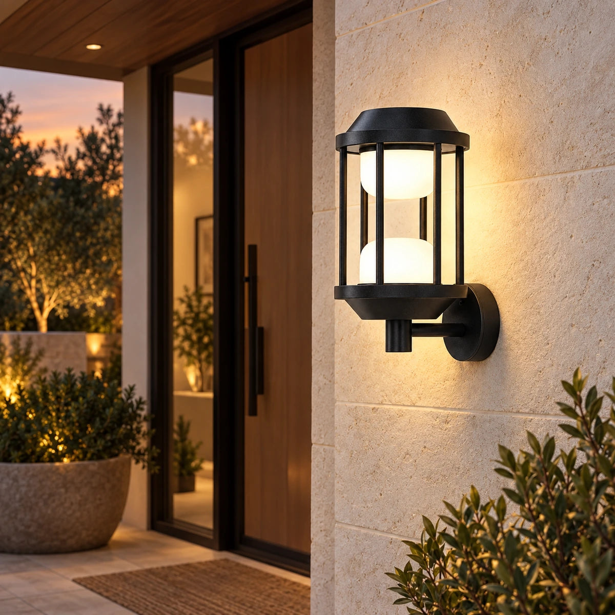 Twin-glow cage wall light beside a covered patio entry