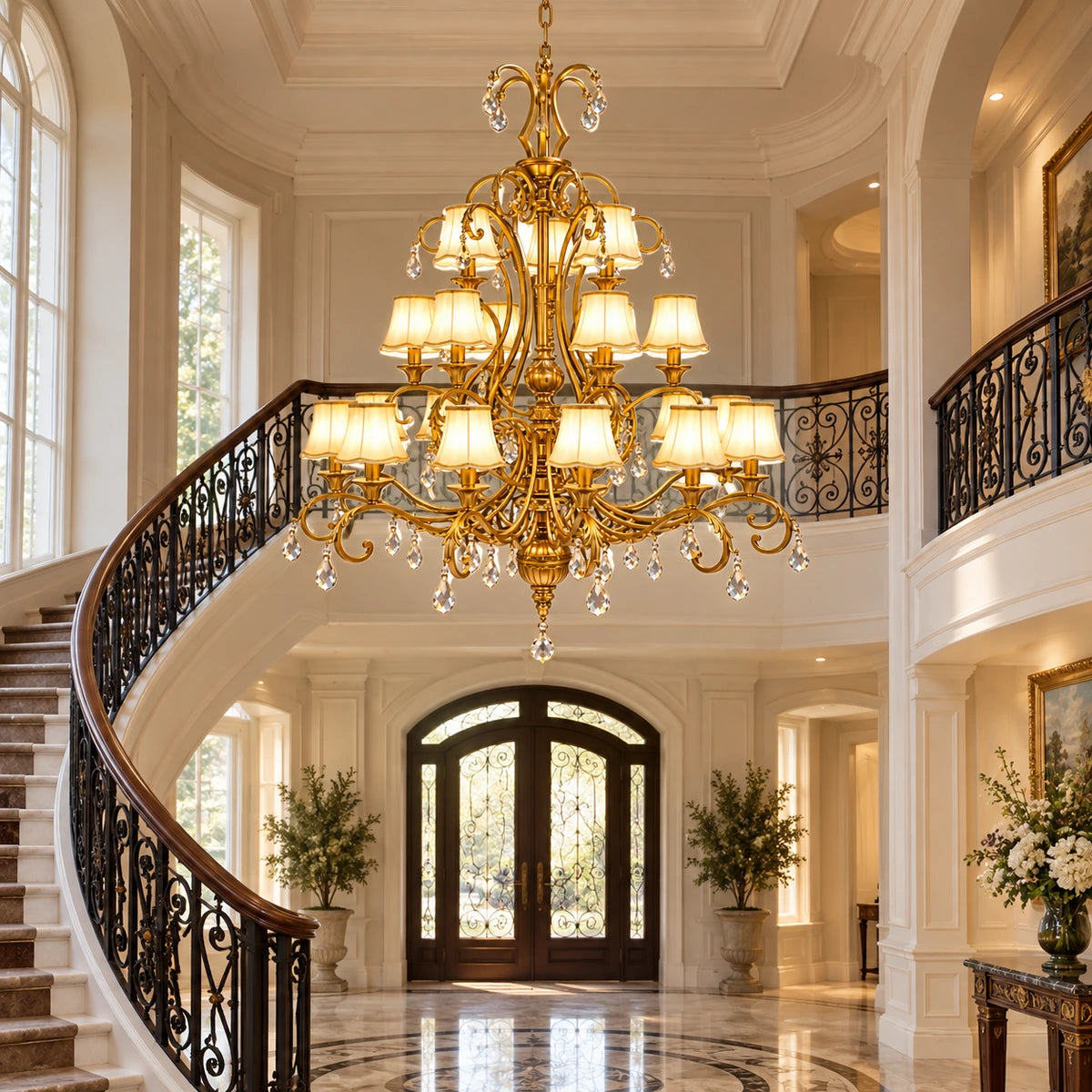 Scroll-arm three-tier chandelier in a curved-stair foyer