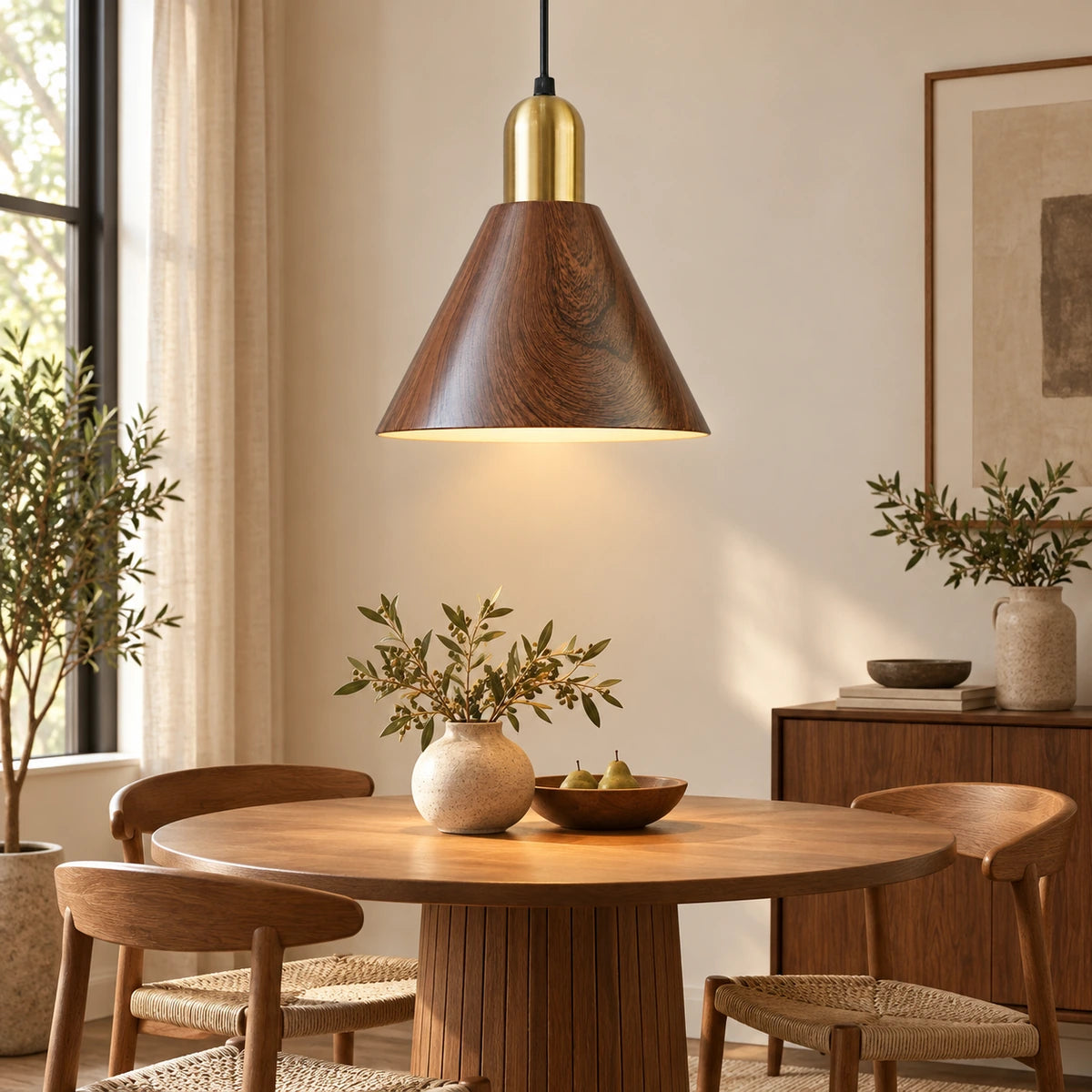 Wood-grain cone pendant above a round dining table