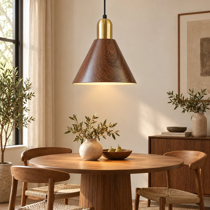 Wood-grain cone pendant above a round dining table