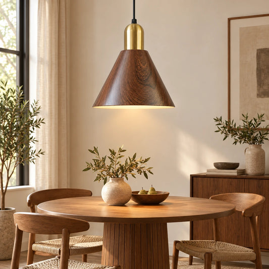 Wood-grain cone pendant above a round dining table