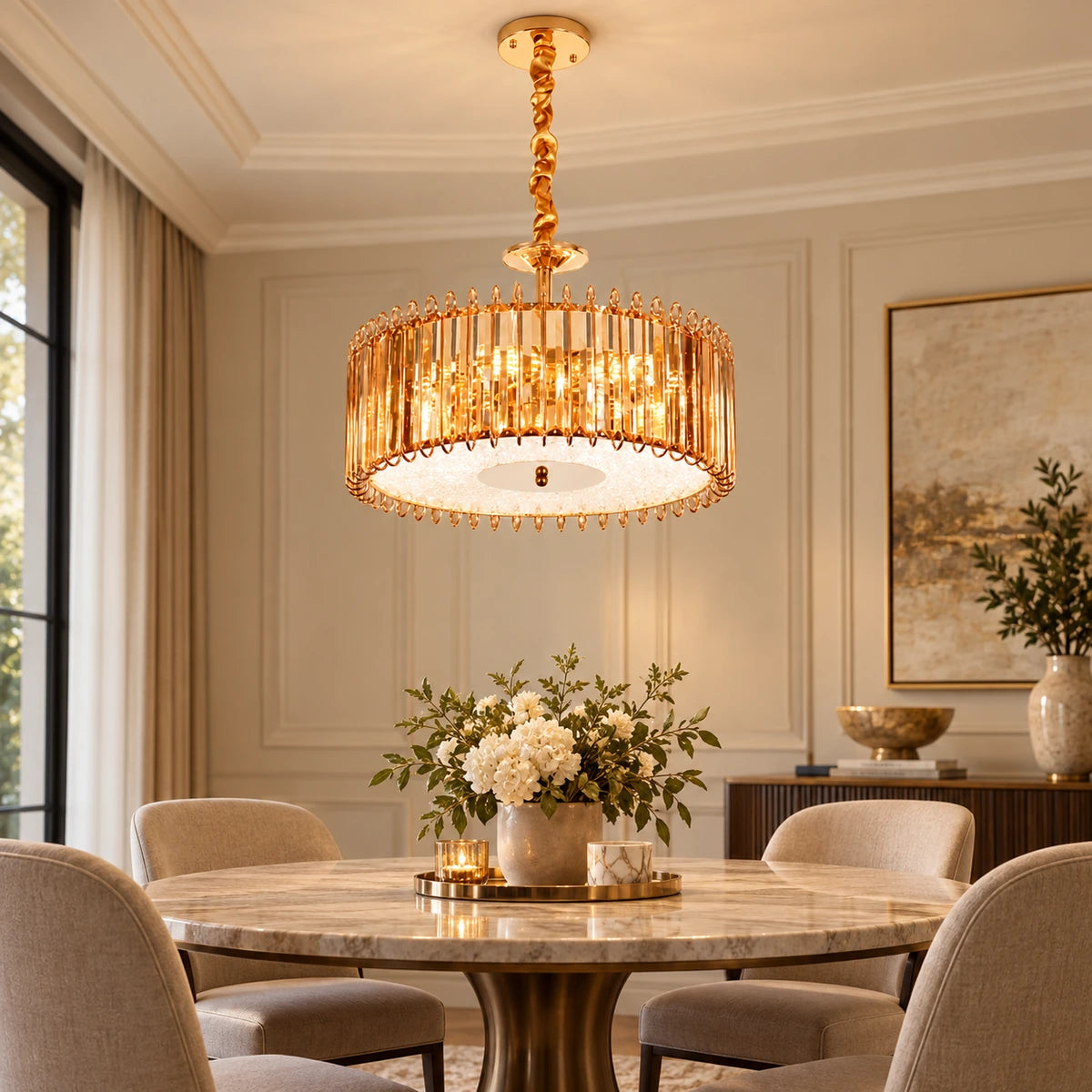Amber crystal drum chandelier above a dining table