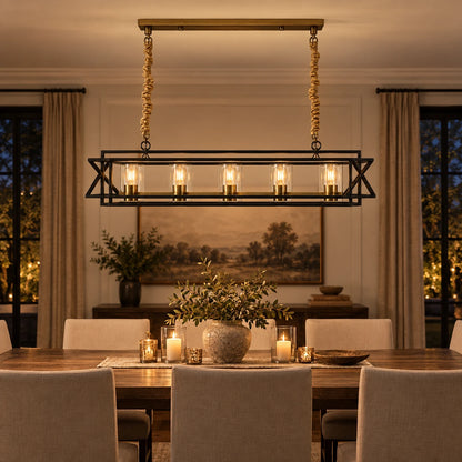Rectangular glass-frame chandelier above a dining table